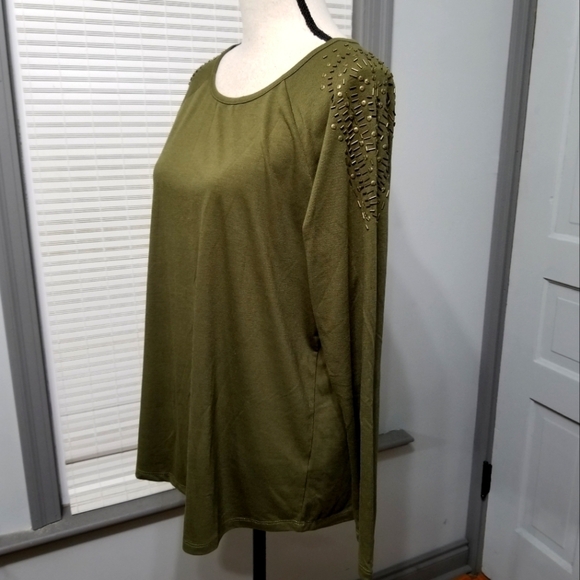 Lane Bryant Brass Beaded Embellished Shoulder Long Sleeve Tee - Olive - Picture 1 of 6